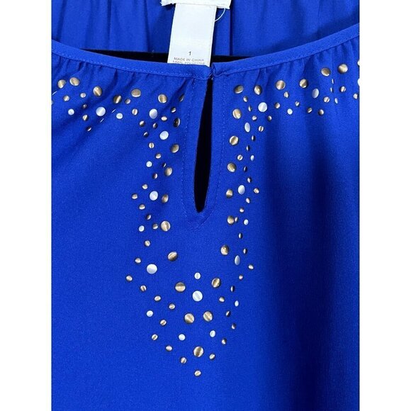 Chicos Top Women M Blue Pullover Mature Studs Peplum Neutral Coastal Classic - Picture 5 of 10